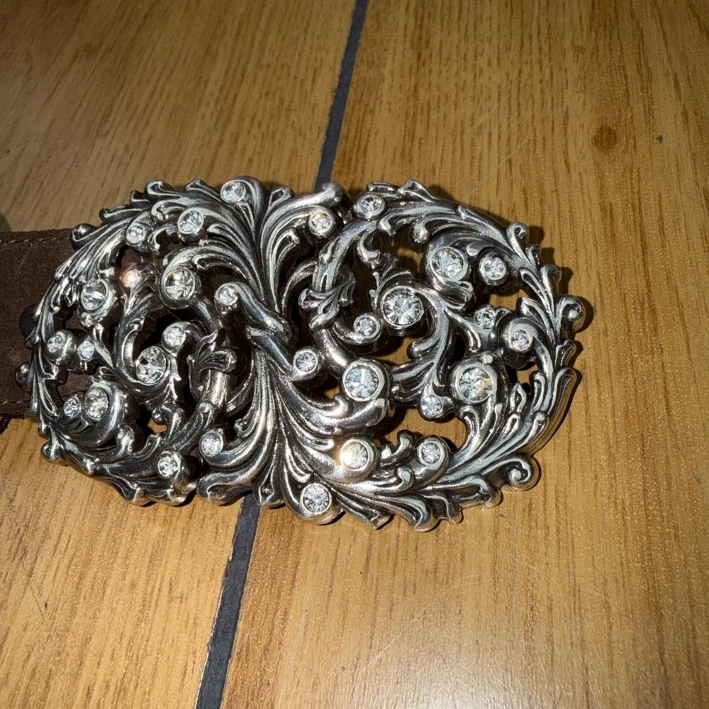 Justin Womens Brown Leather Western Belt Rhinestone Filigree Buckle USA 30